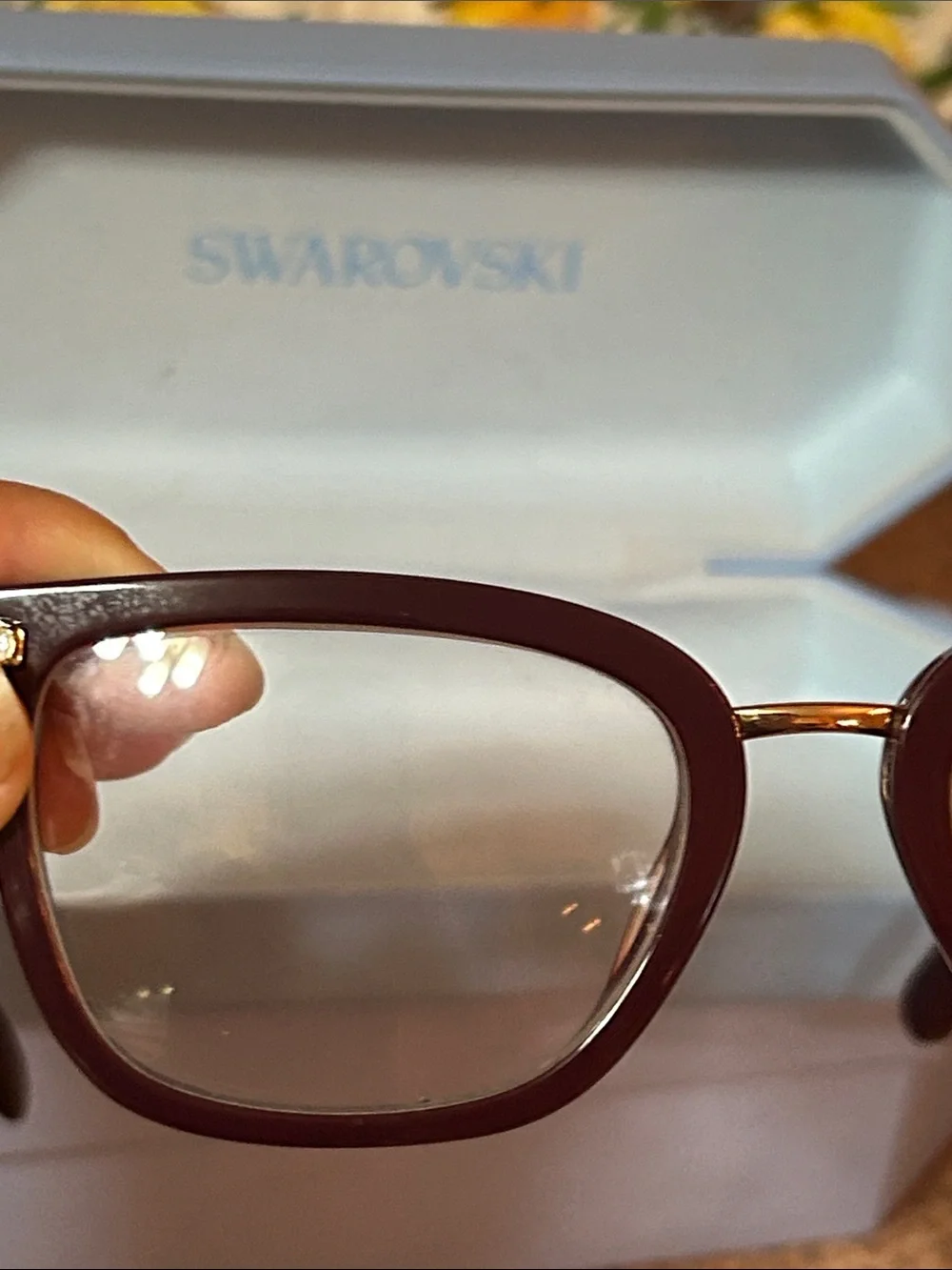 Swarovski Deep Burgundy and Gold Women's Eyeglasses with Crystal Detail